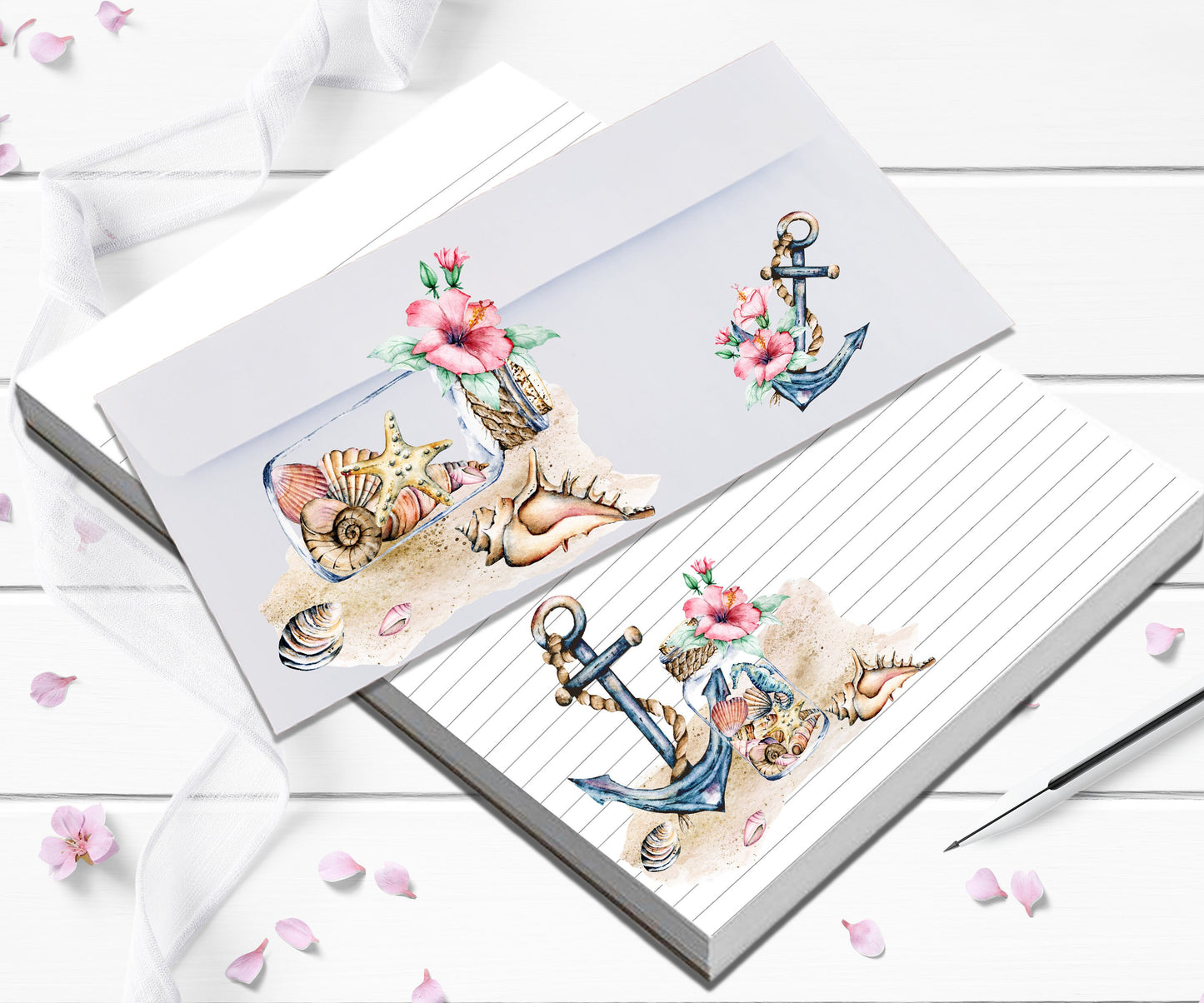 Fun Beach theme floral and seashells stationery set personalized beach letter writing set comes with large notepad and envelopes