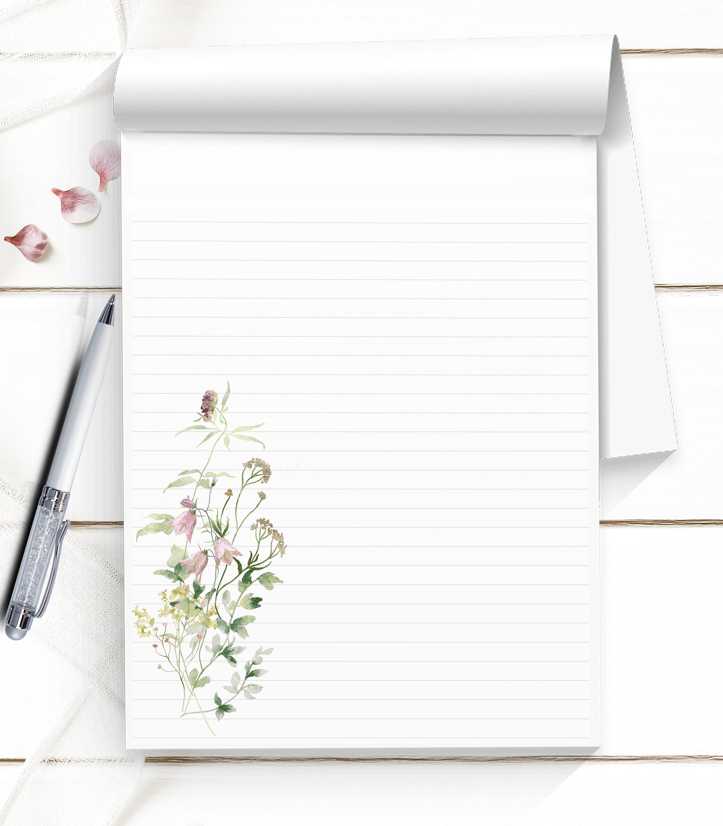 Pretty Notepad with simple spring wildflowers pick from Large notepad, Small notepad or Mini notepad birthday gift