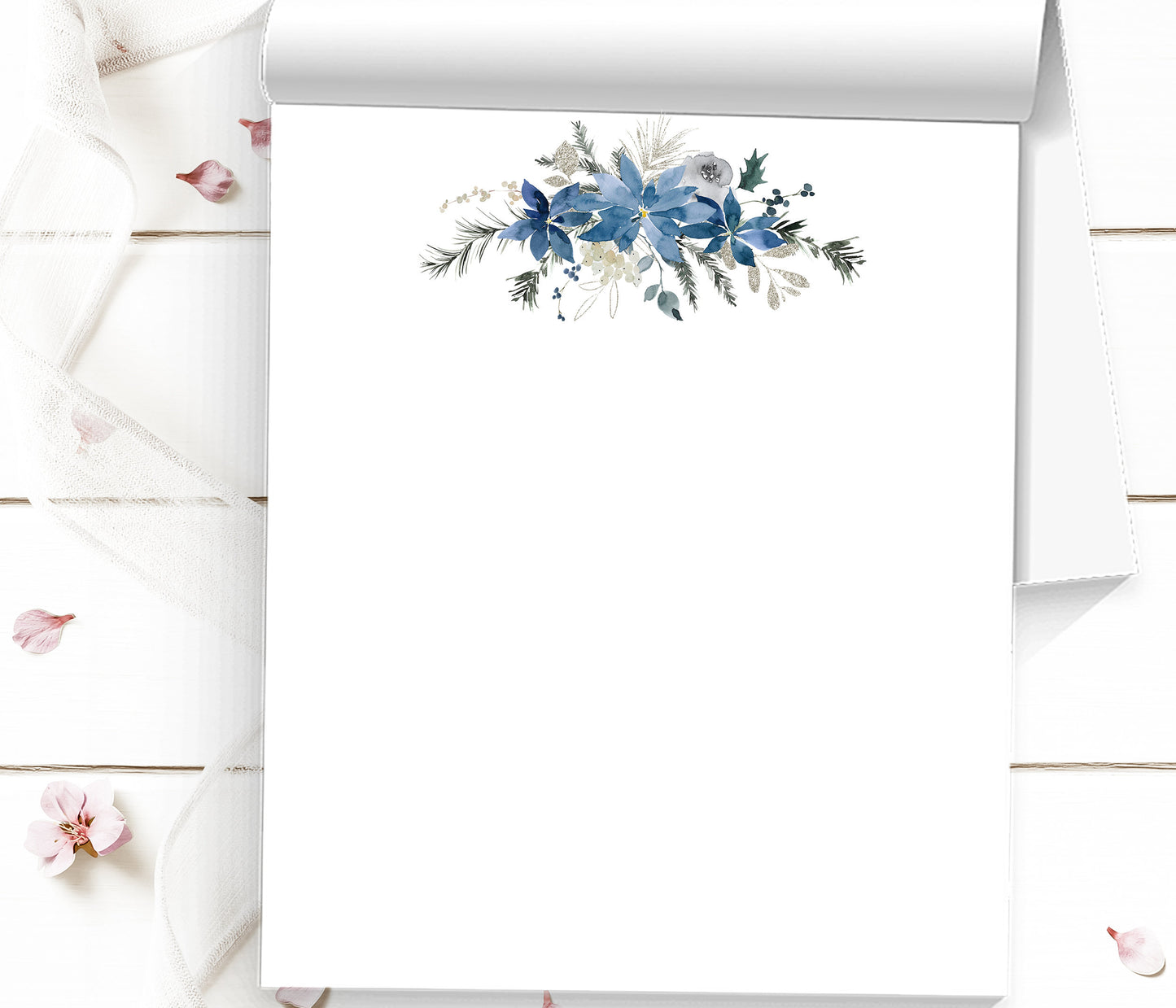 Blue Floral Christmas Notepad - Holiday Stationery with 50 or 100 Sheets