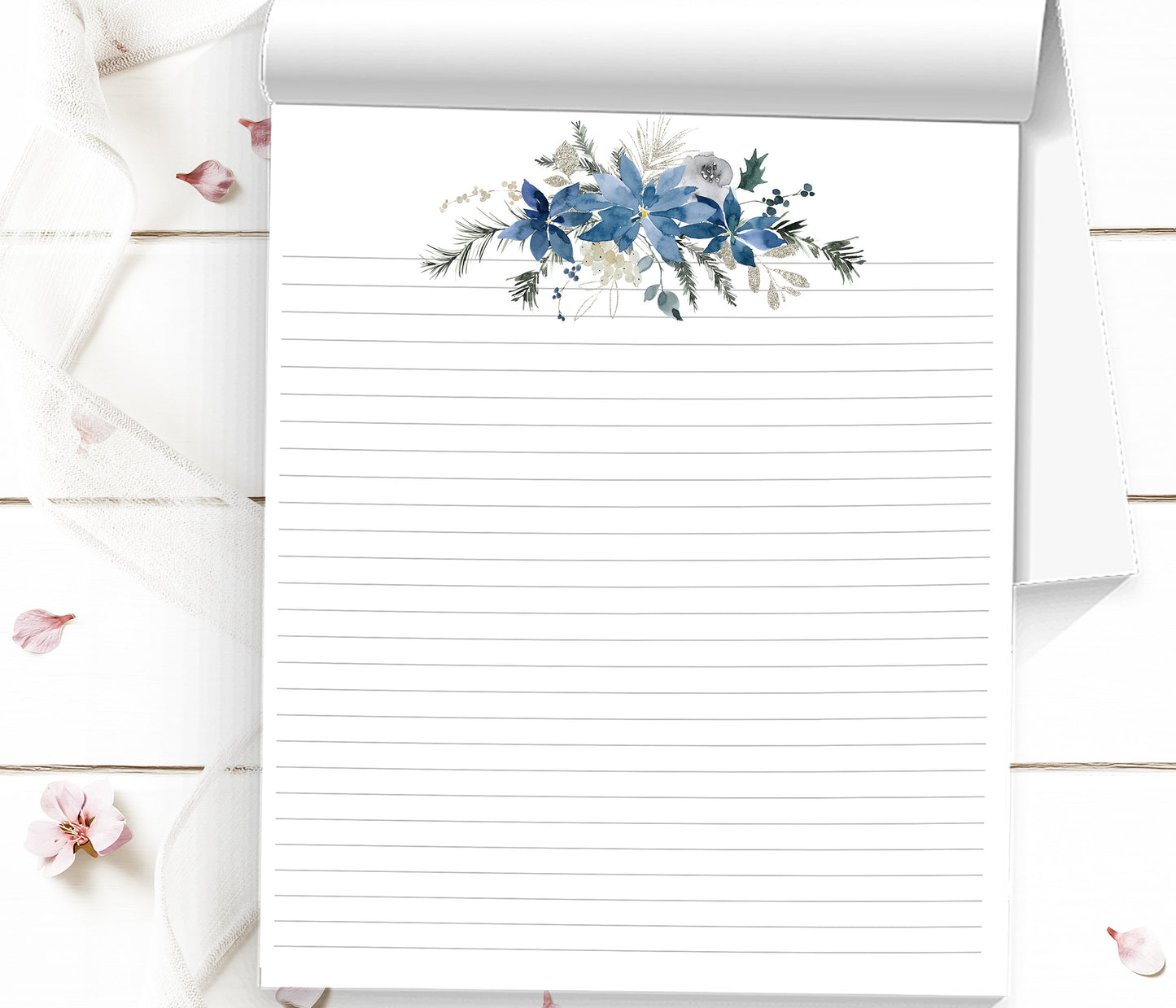 Blue Floral Christmas Notepad - Holiday Stationery with 50 or 100 Sheets