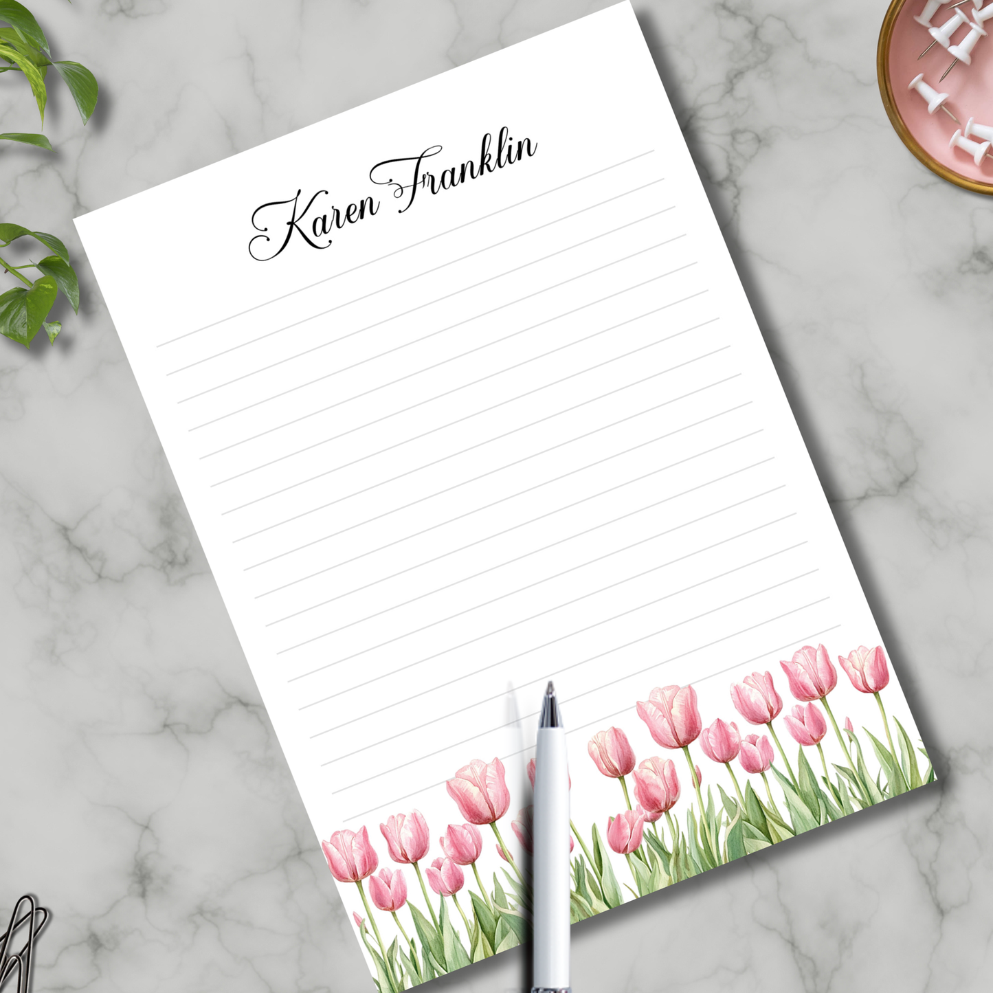 Cute tulip personalized notepad and envelope set | 60 sheets | spring stationery