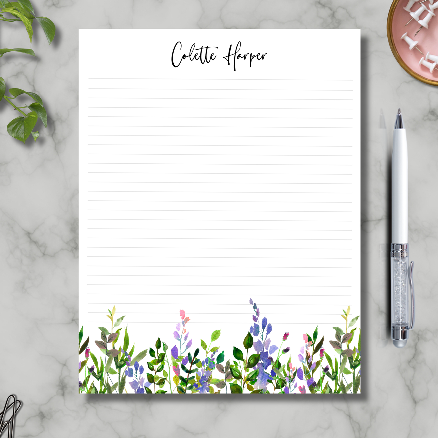 Personalized simple greenery bottom large 8.5x11 notepad 50 sheets 