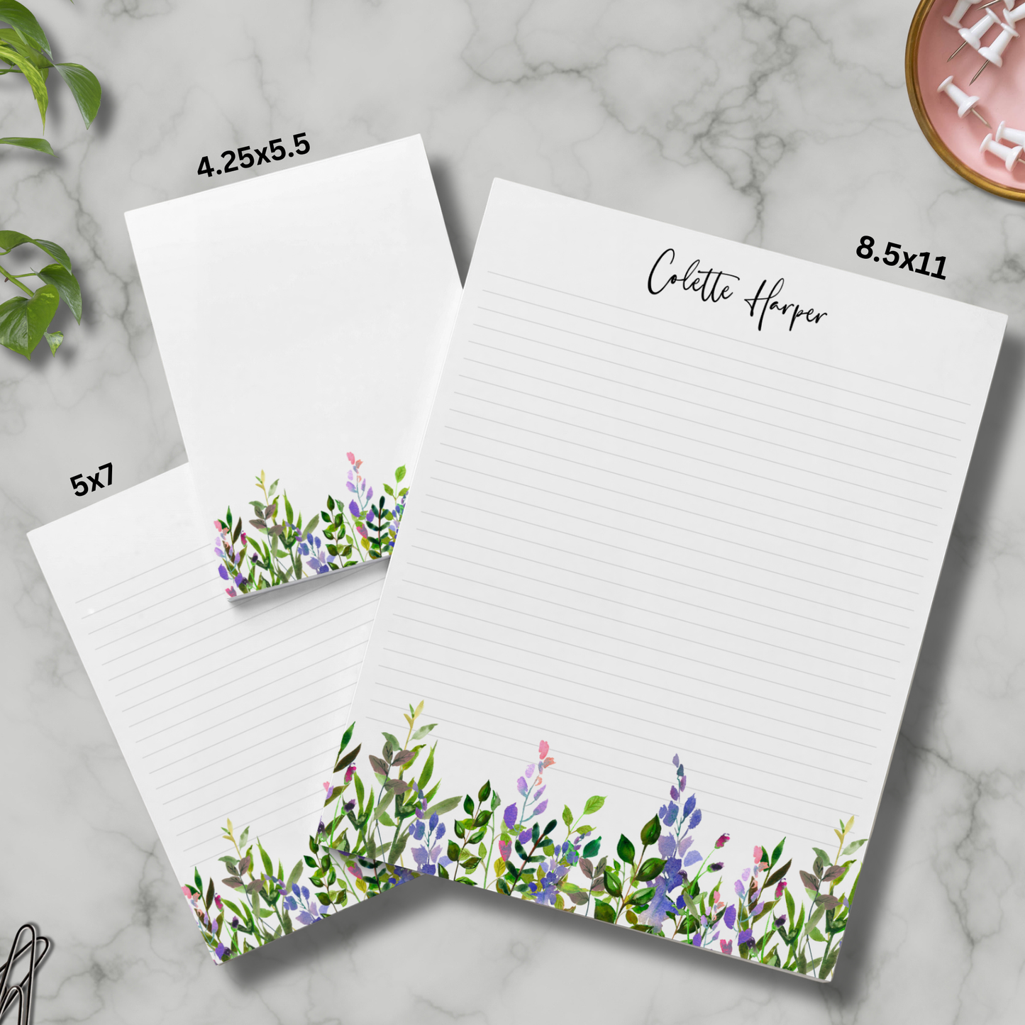 Custom name notepads simple greenery with purple bottom comes in 3 sizes 8.5x11 , 5x7, and mini 4.25x5.5 