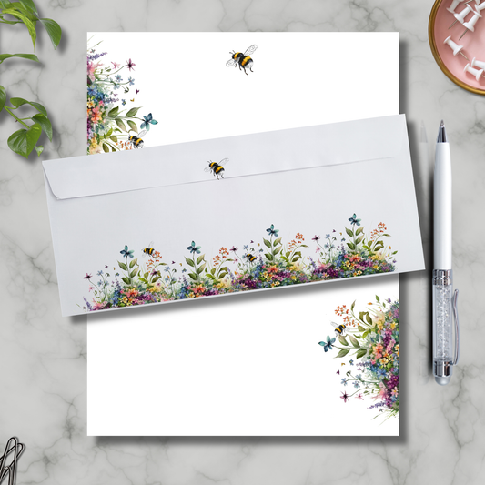Custom name wildflower and bee notepad and envelope set 8.5x11 50 sheets with 25 matching envelopes