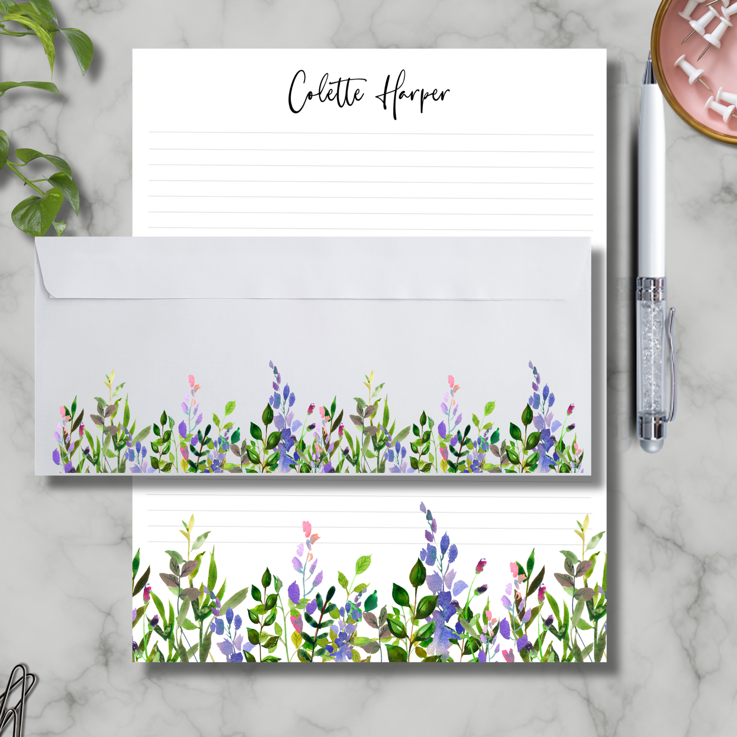 Custom name stationery set |letter writing set gift | 60 tear off sheets with matching envelopes