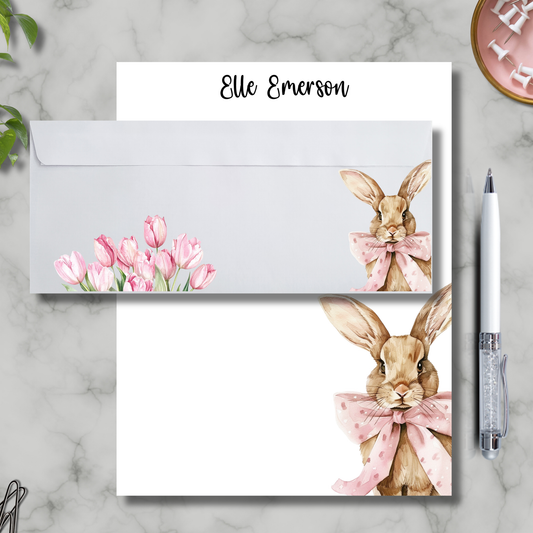 Note pad with rabbit illustration and pink tulips notepad and envelope set 