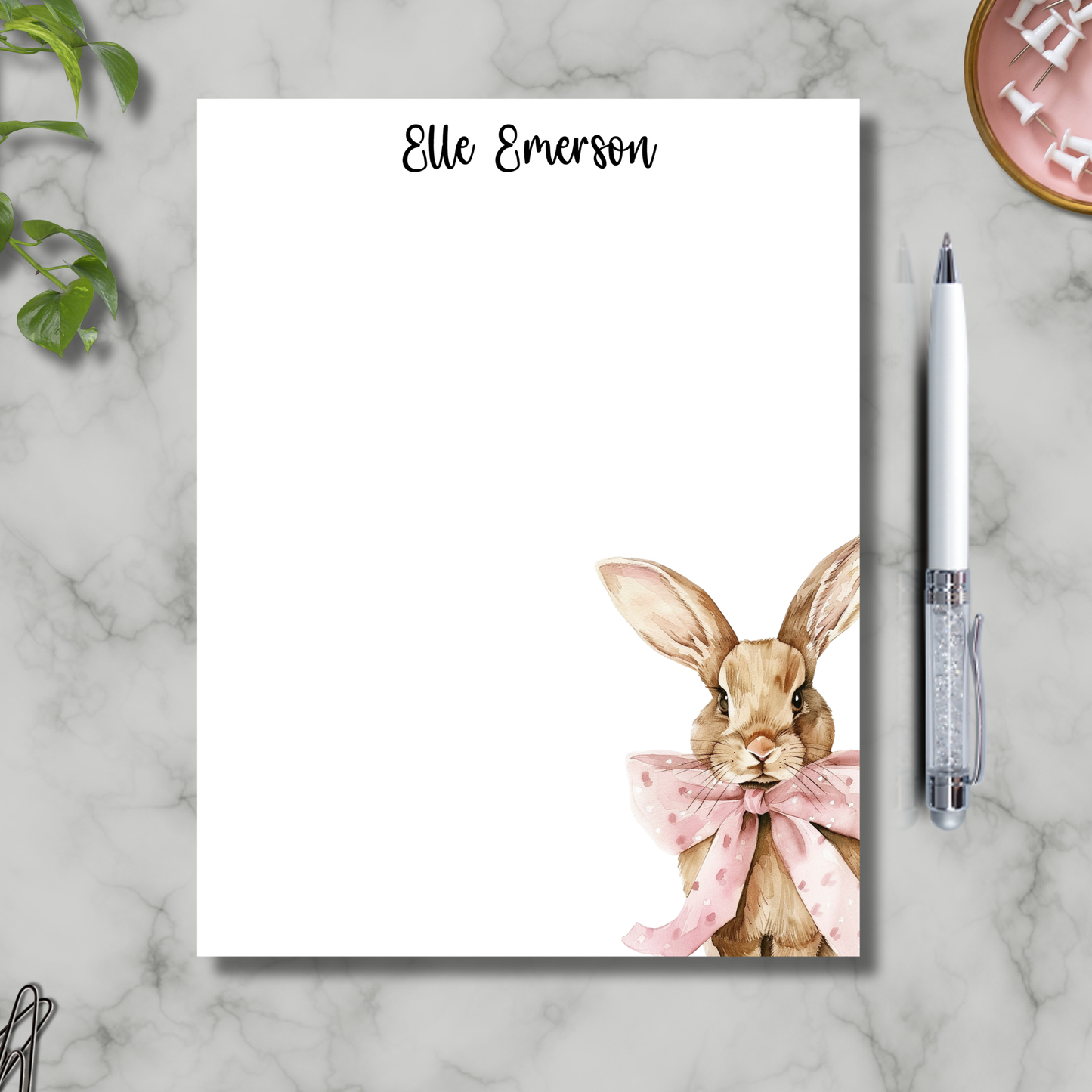 spring bunny stationery notepad personalized with name watercolor rabbit design 8.5x11