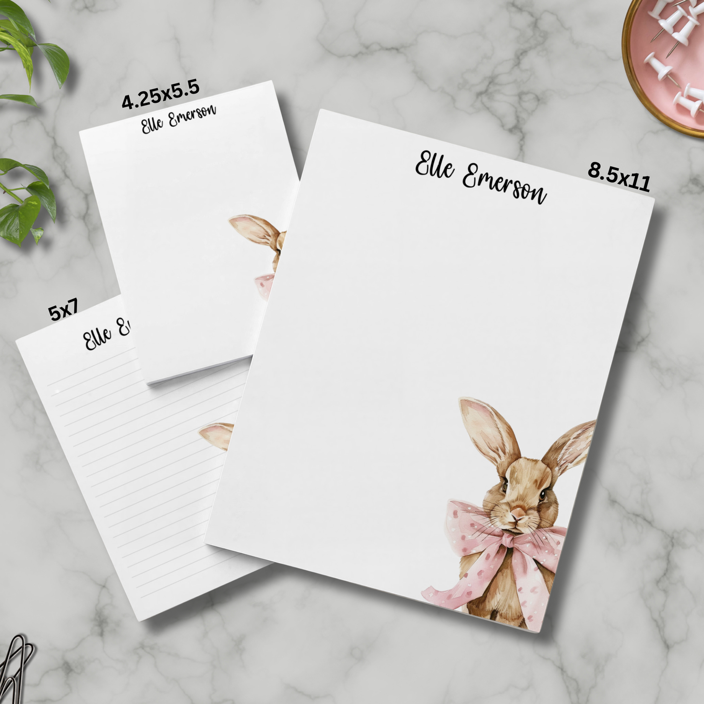 Custom name notepads spring watercolor bunny with big bow 8.5x11, 5x7 or mini notepad 4.25x5.5 