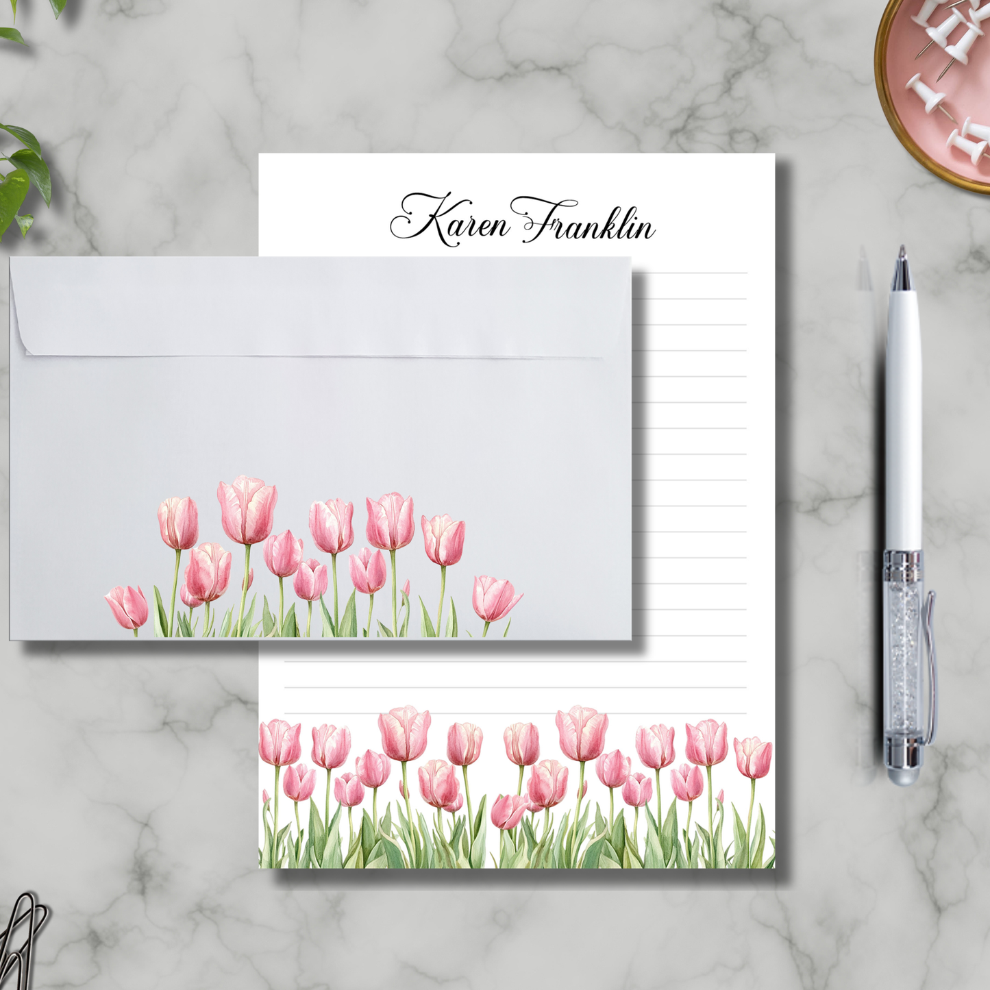 Cute tulip personalized notepad and envelope set | 60 sheets | spring stationery