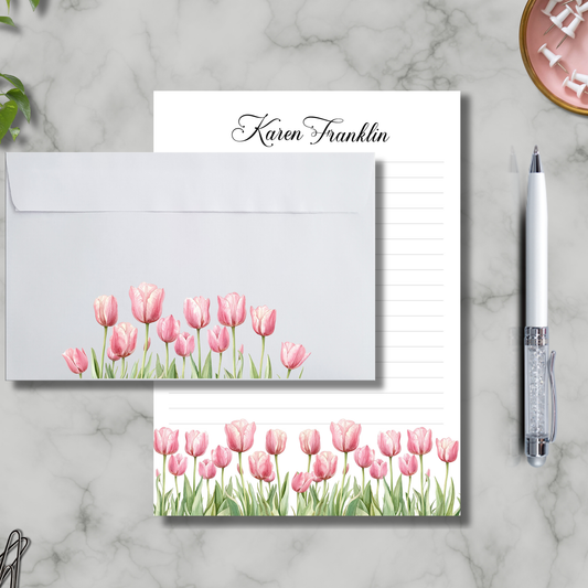 Cute tulip personalized notepad and envelope set | 60 sheets | spring stationery