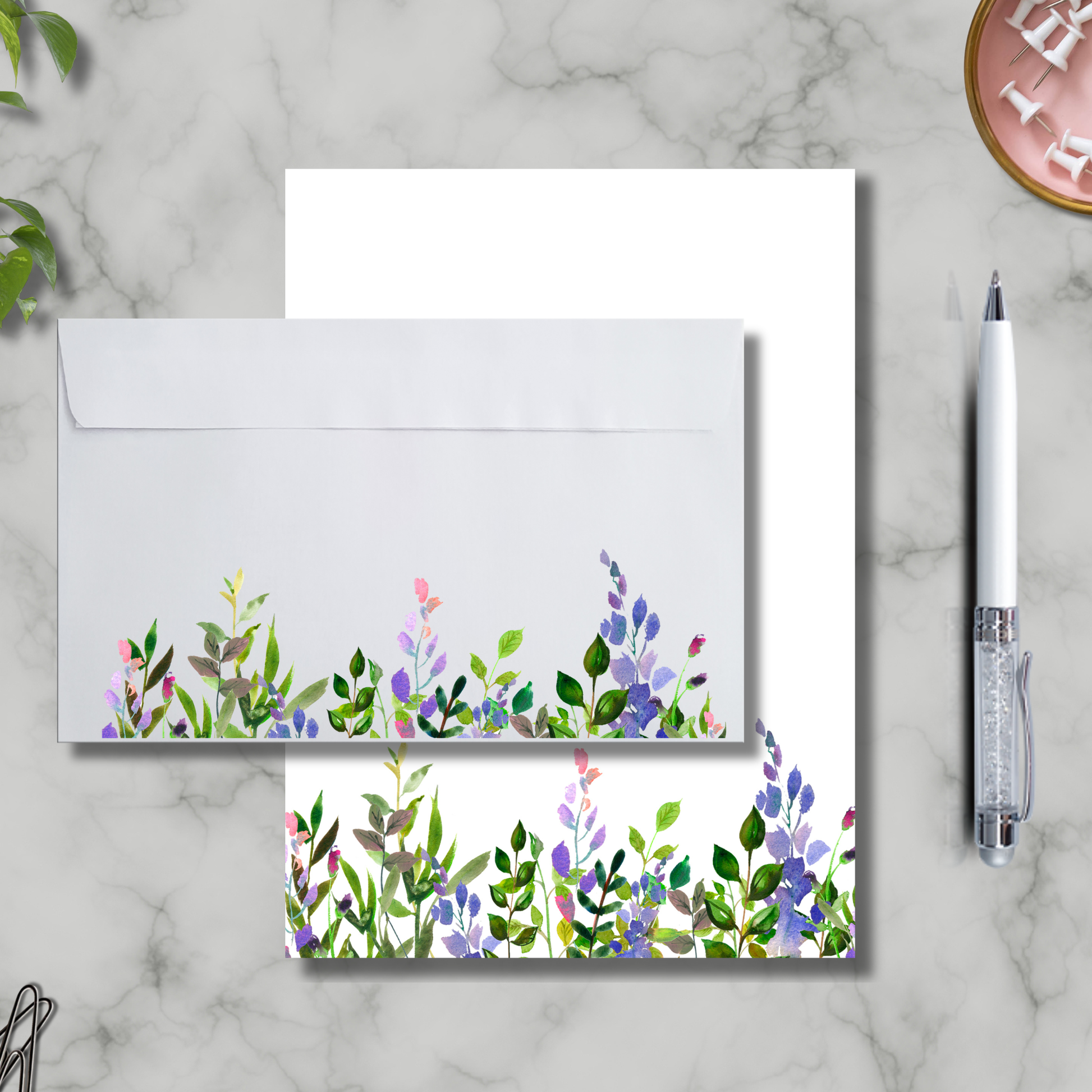 Custom name stationery set simple greenery notepad and envelopes 5x7 memo pad and matching envelopes