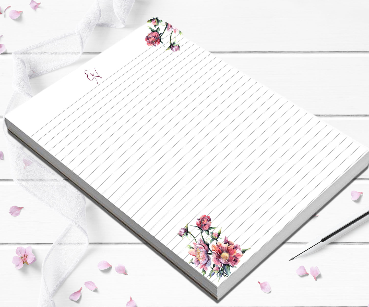 Large custom floral notepad  your choice of lines smooth writing paper for letter writing or gift