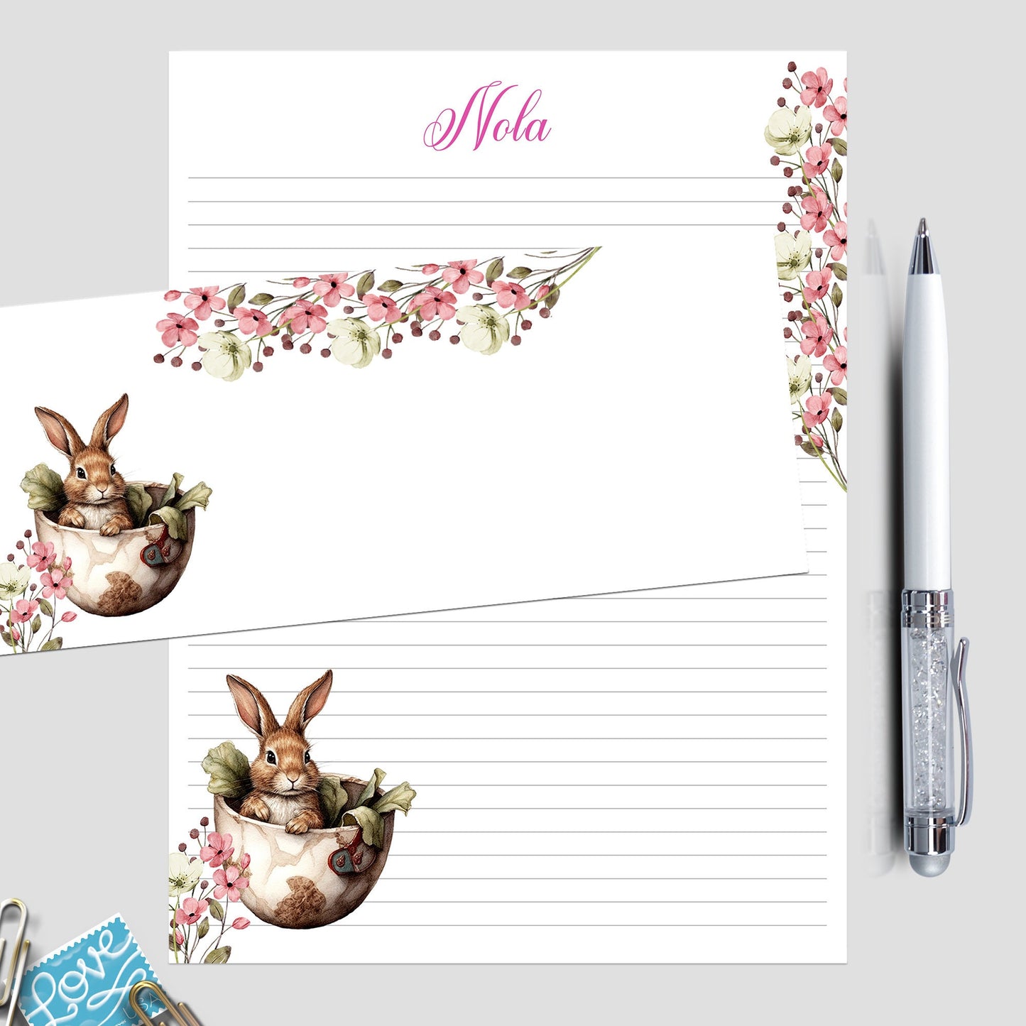 Personalized Bunny Notepad and Envelope Set - Lined Notepad for Bunny Lovers - Custom Stationery Gift