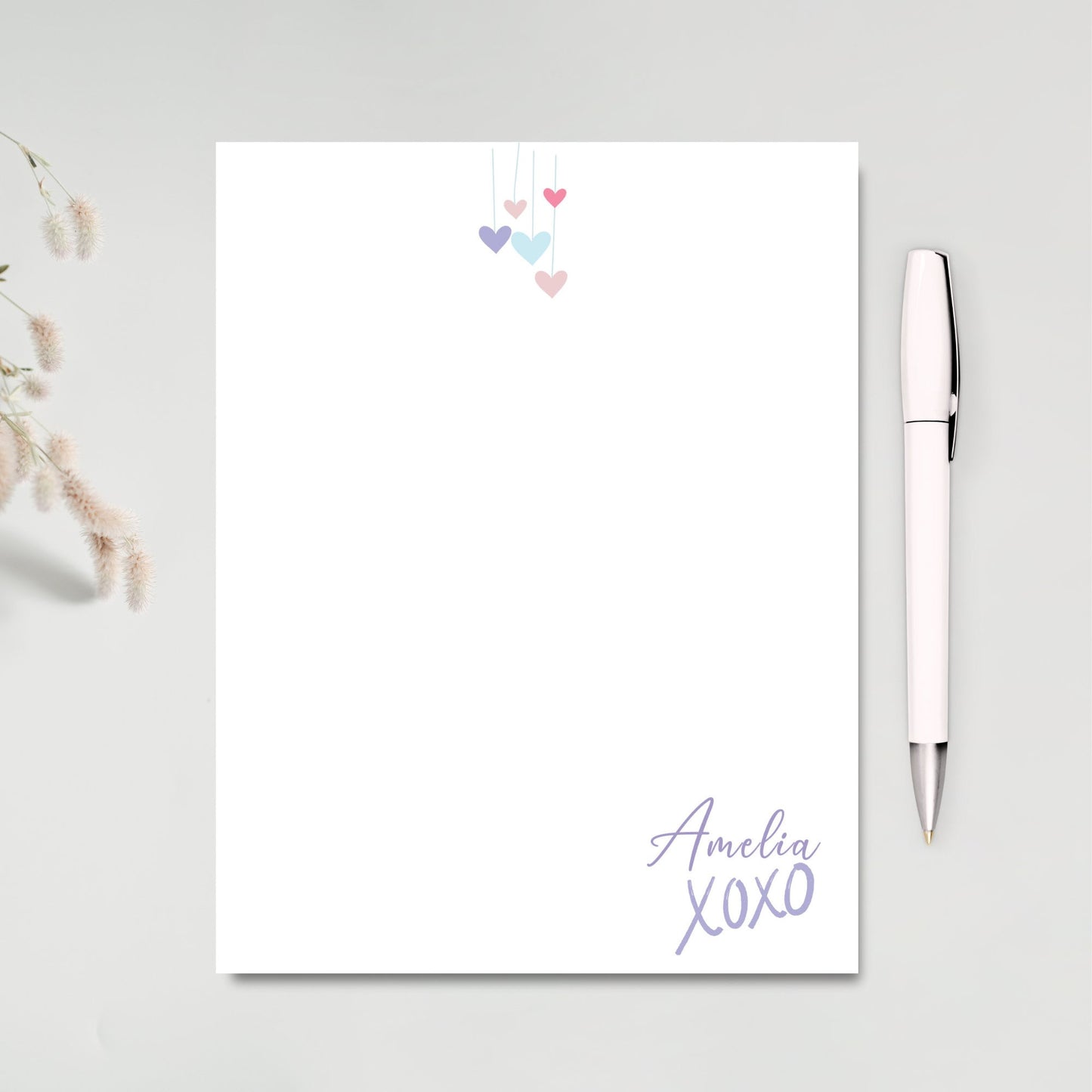 Valentine paper cute personalized notepad with cute little hanging hearts and XOXO signature