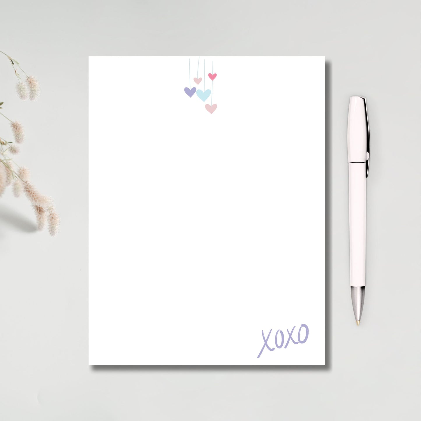 Valentine paper cute personalized notepad with cute little hanging hearts and XOXO signature