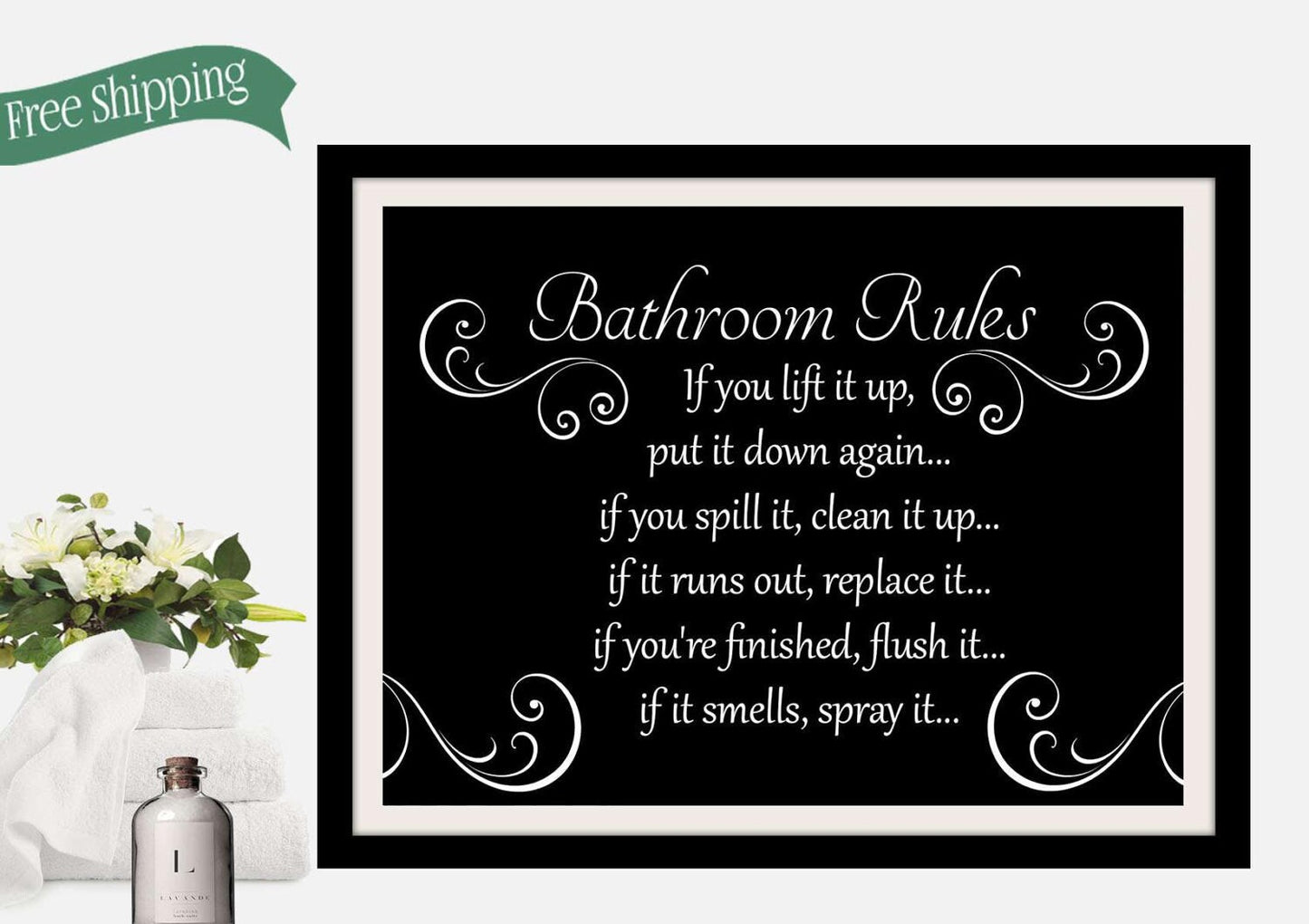 Bathroom wall art and decor -  Bathroom rules sign -  black and white bathroom -  bathroom artwork - bathroom wall pictures