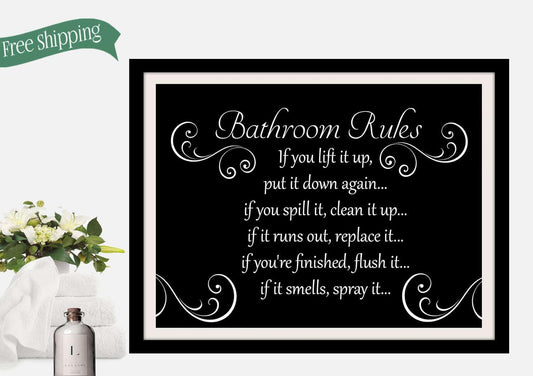 Bathroom wall art and decor -  Bathroom rules sign -  black and white bathroom -  bathroom artwork - bathroom wall pictures