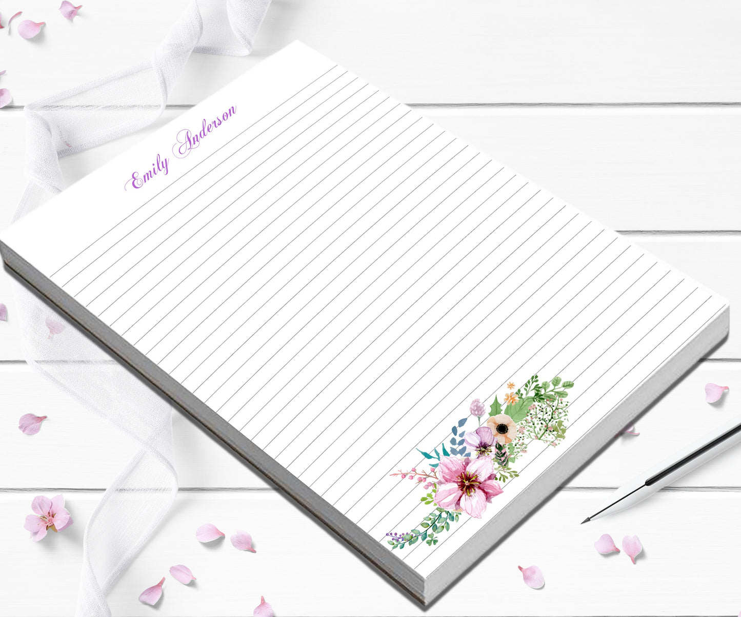 Cute notepad wildflower memo pad gift for boss, with lined or blank pages choose from 5 different sizes