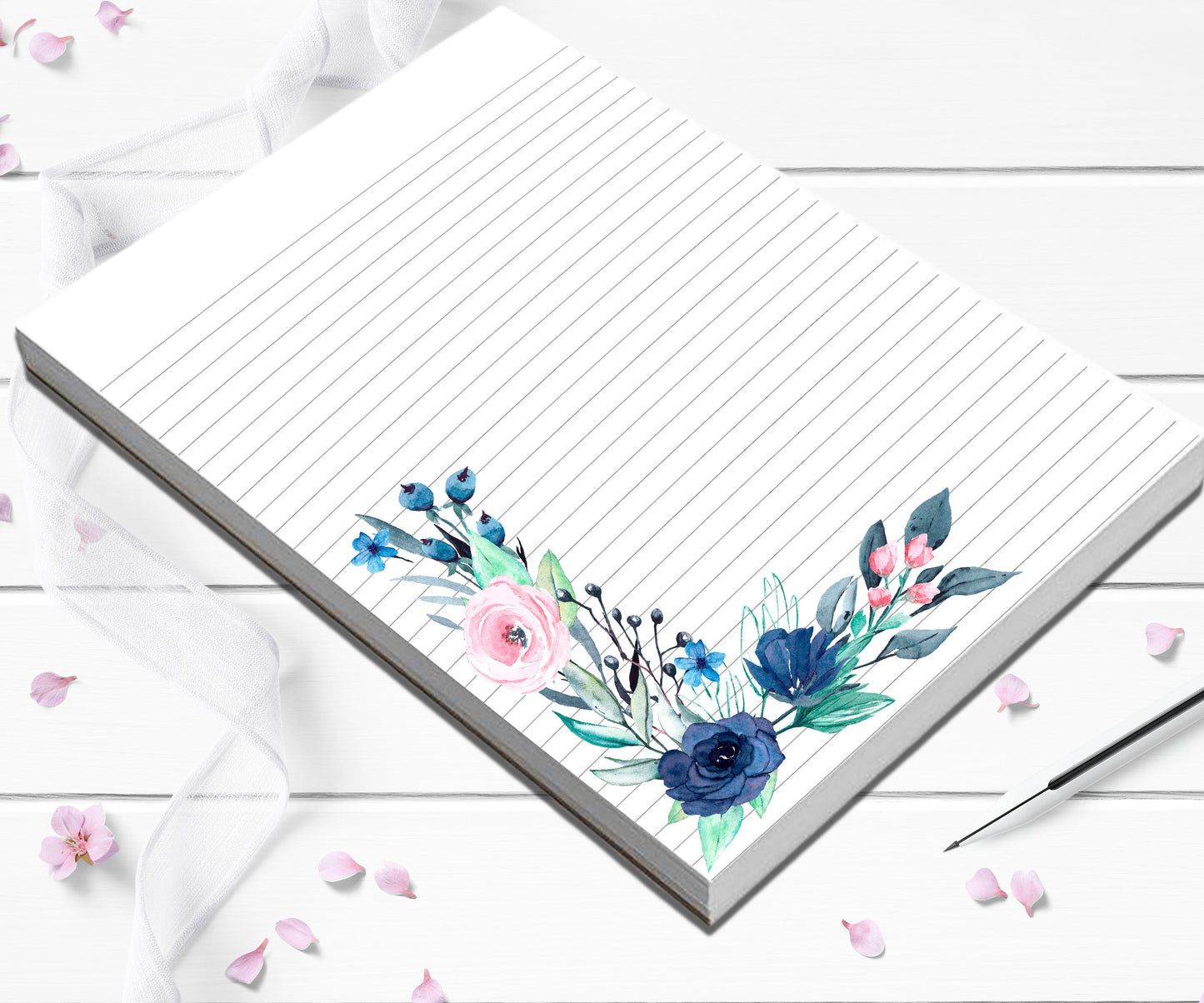 Pretty Dark Blue and Pink corner floral Lined or unlined notepad teacher gift or thank you gift for co-worker